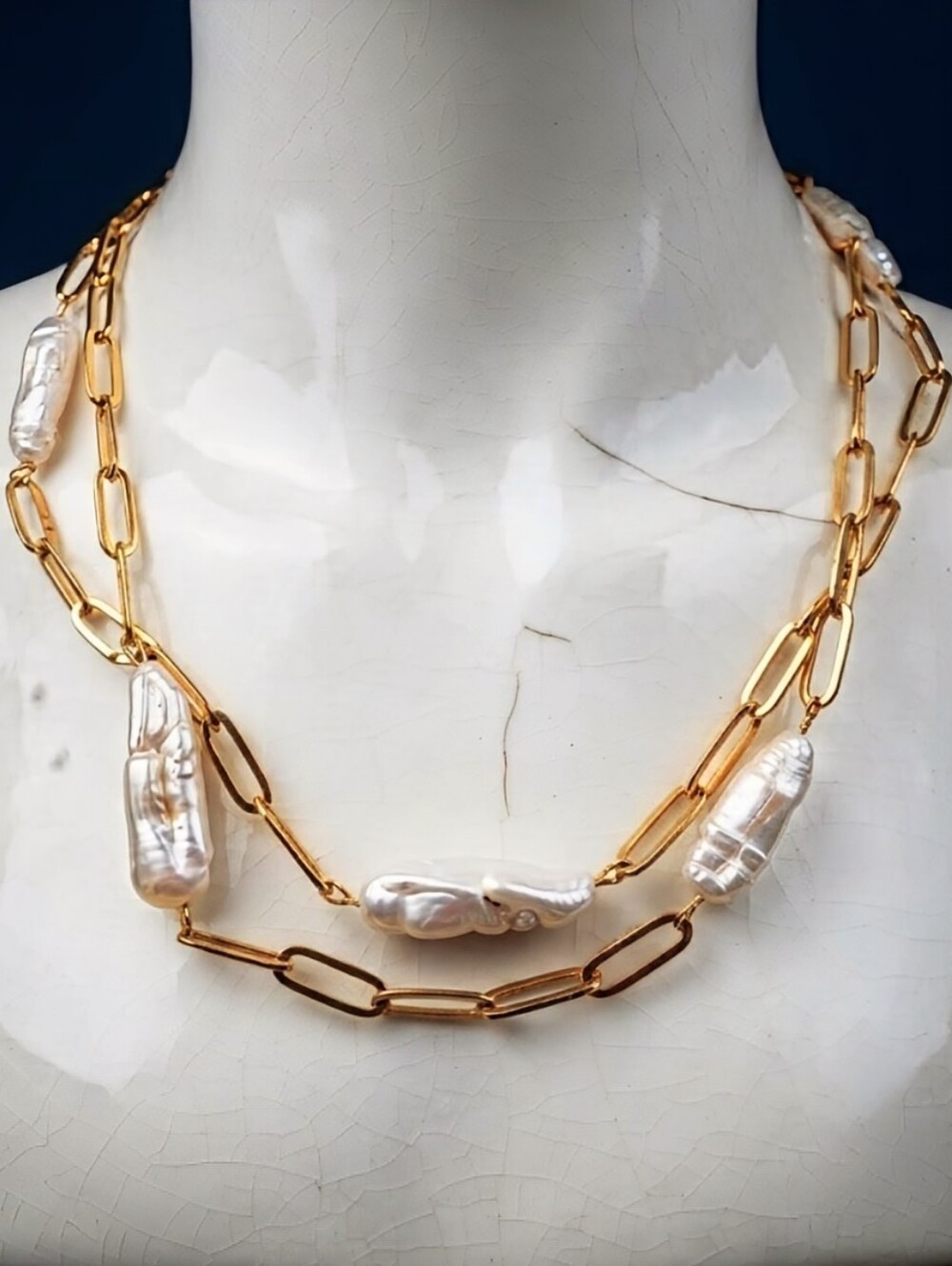 Freshwater White Pearl Sticks Biwa In Two Strand Gold Plated Paperclip Necklace